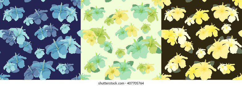 set hibiscus flower black, blue background. vector illustration seamless 