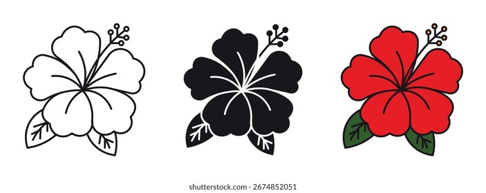 Conjunto de flor de hibisco. Ilustración vectorial.