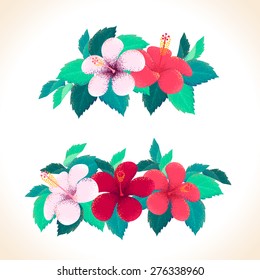 Set of hibiscus flowers and leaves. Tropical floral arrangement. Retro vector design elements