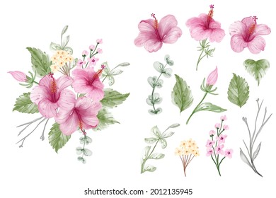 set of hibiscus watercolor isolated for summer, hibiscus watercolor isolated for flower frame and wedding frame