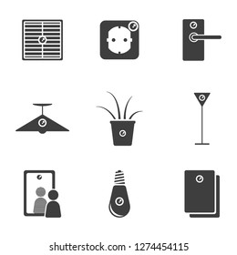 Set of hidden camera icons in various places of office and home interior. Vector on white background