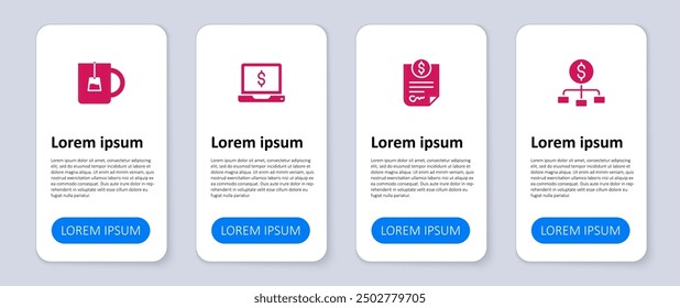 Establecer la jerarquía con el dólar, el dinero del contrato, el ordenador portátil y la taza de té. Plantilla de infografía de negocios. Vector