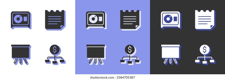 Set Hierarchy with dollar, Safe, Chalkboard and Notebook icon. Vector