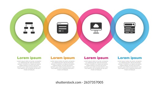 Set Hierarchy organogram chart, Browser window, Cloud technology data transfer and Search engine. Business infographic template. Vector
