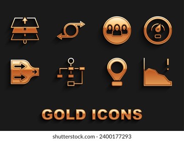 Set Hierarchy organogram chart, Digital speed meter, Financial growth decrease, Location, Arrow, Project team base, Layers and  icon. Vector