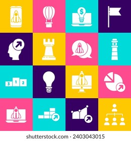 Set Hierarchy Organograma chart, Financial Growth, Lighthouse, bulb con dólar en la laptop, Chess, Head caza concepto, Startup project e icon. Vector