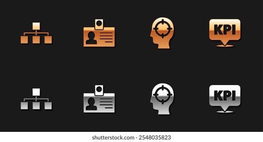Set Hierarchy organogram chart, Identification badge, Head hunting and Key performance indicator icon. Vector