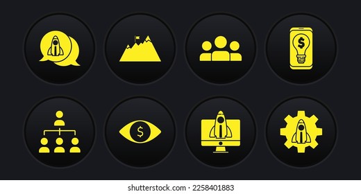 Set Hierarchy organogram chart, Light bulb with dollar on mobile, Eye, Startup project concept, Users group, Mountains flag,  and  icon. Vector