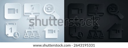 Set Hierarchy organogram chart, Magnifying glass with briefcase, Time management, Video camera Off home, Mute microphone on computer and Camera icon. Vector