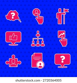 Definir organograma da Hierarquia, Retomar, Ponto de interrogação, Líder da equipe, Base da equipe do projeto, Mão e ícone. Vetor