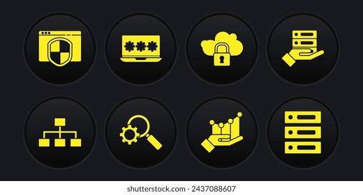 Establecer Organograma de jerarquía, Servidor, Datos, Alojamiento Web, Lupa y engranaje, Infografía circular, Bloqueo de computación en la nube, Portátil con contraseña e icono de escudo del navegador. Vector