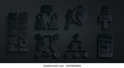 Set Hierarchy organogram chart, Stage stand tribune, Location on the globe, Chat messages phone, Megaphone and Two sitting men talking icon. Vector