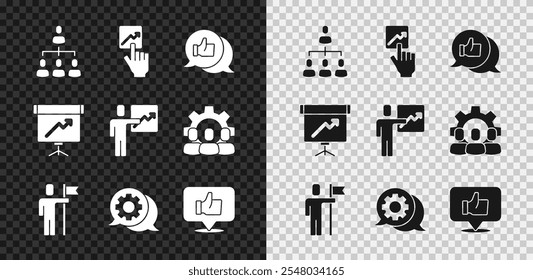 Set Hierarchy organogram chart, Team leader, Hand like, Speech bubble chat, Chalkboard with diagram and  icon. Vector