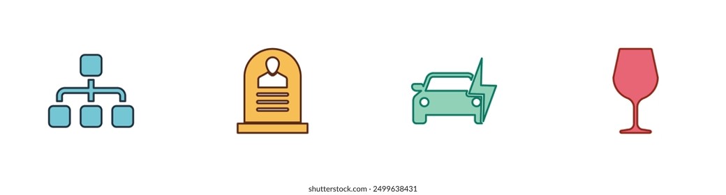 Set Hierarchy organogram chart, Tombstone with RIP written, Electric car and Wine glass icon. Vector