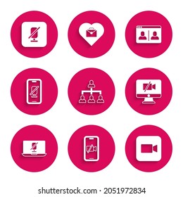 Set Hierarchy Organogram Chart, Video Camera Off On Mobile, Camera, Computer, Mute Microphone Laptop, Chat Conference And  Icon. Vector