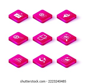 Set Hierarchy Organogramm, Suchdatenanalyse, Financial Growth Dollar, Mobile Stock Trading, Dokument mit Graph-Diagramm, Sales-Funnel und Icon. Vektorgrafik