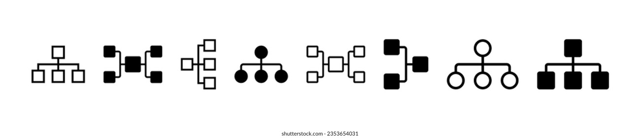 Set of hierarchy vector icons. Line structure or flowchart. Black organizational flow. Vector 10 Eps.