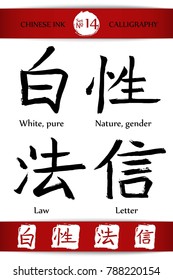 Set of Hieroglyph chinese calligraphy translate -white, nature, law, letter. Vector asian symbols on white background. Hand drawn china hieroglyphic. Ink brush Japanese hieroglyph and red stamp(hanko)