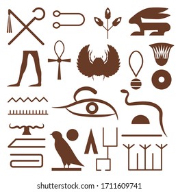 Set of hieroglyphs and symbols from Ancient Egypt. Egyptian writing system elements and hieroglyphic scripts depicting animals, ankh cross, jewelery, walking legs, scarab beetle and different shapes.