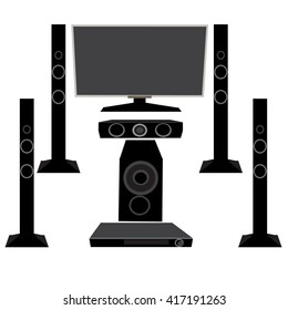 Set HI-FI Household appliances: TV and audio equipment 5.1 on an isolated white background, vector illustration