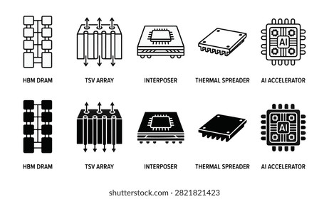 Set of high bandwidth memory hardware icons featuring HBM DRAM, TSV array, interposer, heat spreader, and AI accelerator vector graphics