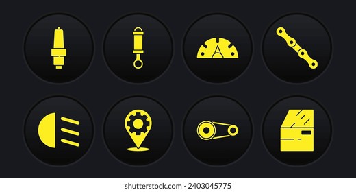 Set High beam, Car chain, service, Timing belt kit, Speedometer, Shock absorber, door and spark plug icon. Vector