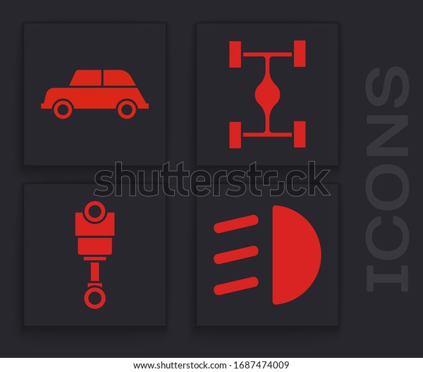 Set High beam, Car, Chassis car and Engine piston\
icon. Vector