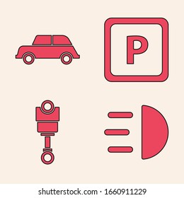 Set High beam, Car, Parking and Engine piston icon. Vector