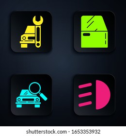 Set High beam, Car service, Car search and Car door. Black square button. Vector