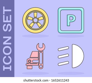 Set High beam, Car wheel, Car service and Parking icon. Vector