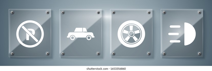 Set High beam, Car wheel, Car and No Parking or stopping. Square glass panels. Vector