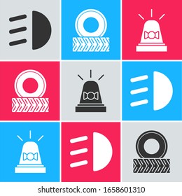 Set High beam, Car wheel and Flasher siren icon. Vector