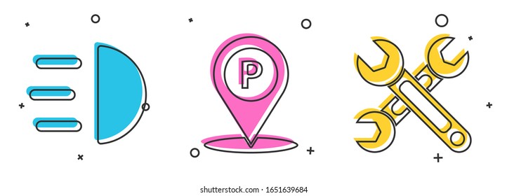 Set High beam, Location with parking and Wrench icon. Vector