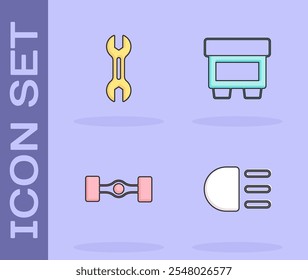 Conjunto de luz de carretera, llave inglesa, coche de chasis e icono de fusible. Vector