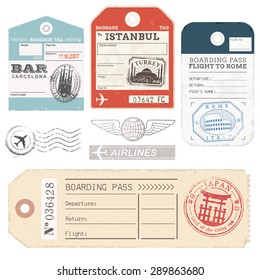 A Set Of High Detail Grunge Passport And Luggage Tags, Tickets And Stamps.
