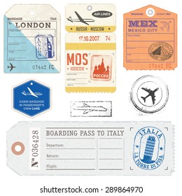 A set of high detail grunge Passport and Luggage Tags, Tickets and stamps.
