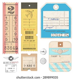 A set of high detail grunge Passport Tags, Tickets and stamps.
