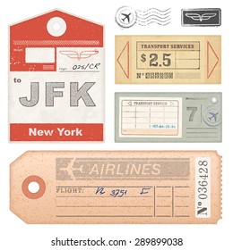 A set of high detail grunge Passport Tags, Tickets and stamps.
