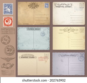 A set of high detail grunge Vintage Postcards and Stamps. Vector file is EPS v.10. Transparency effects are present. Vector file is organized with layers.