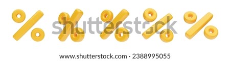 Set of high detailed 3D font golden plastic percent signs. Percentage, discount, seasonal sale, promotion business symbol three-dimensional rendering vector illustration isolated