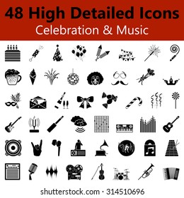 Set of High Detailed Celebration and Music Smooth Icons in Black Colors. Suitable For All Kind of Design (Web Page, Interface, Advertising, Polygraph and Other). Vector Illustration. 