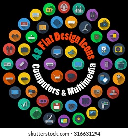 Set of High Detailed Computer and Multimedia Smooth Icons in Flat Design Style. Suitable For All Kind of Design (Web Page, Interface, Advertising, Polygraph and Other). Vector Illustration. 
