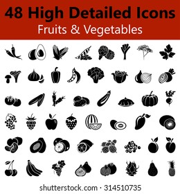 Set of High Detailed Fruits and Vegetables Smooth Icons in Black Colors. Suitable For All Kind of Design (Web Page, Interface, Advertising, Polygraph and Other). Vector Illustration. 