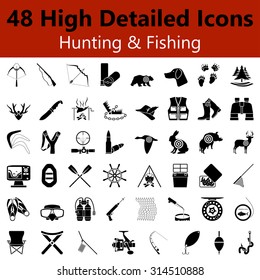 Set Of High Detailed Hunting And Fishing Smooth Icons In Black Colors. Suitable For All Kind Of Design (Web Page, Interface, Advertising, Polygraph And Other). Vector Illustration. 