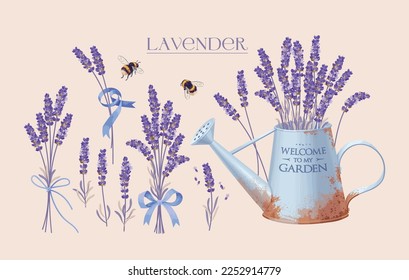 Conjunto de elementos de flores de lavanda muy detallados