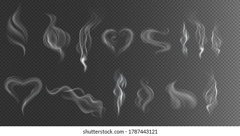 Set of high detailed smokes from hot food or drink isolated on transparent background.