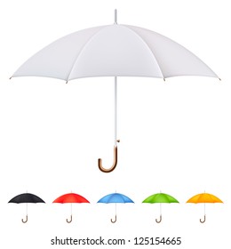 Set of high detailed vector umbrella in 6 different colors. Ideal to represent your product. Template mock-up. Can be used also on websites and in printing for your ads.