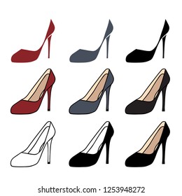 Set of high heel shoes for woman and girl, silhouette of different color, vector icon isolated on white background