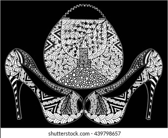 Set of high heels and handbag illustration doodle vector, hand drawing