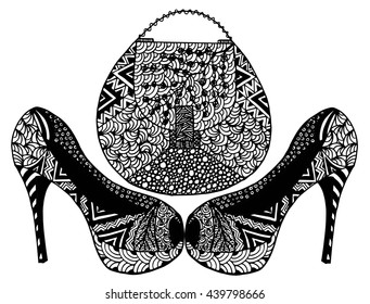 Set of high heels and handbag illustration doodle vector, hand drawing